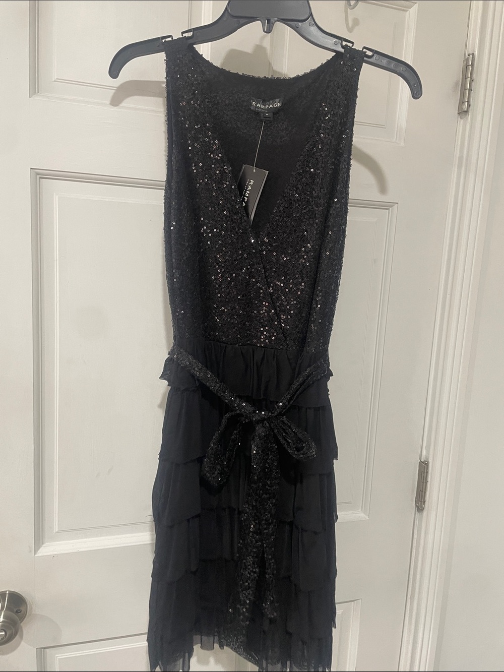 Rampage Black Sequin V-Neck Tiered Mini Dress with Tie Waist